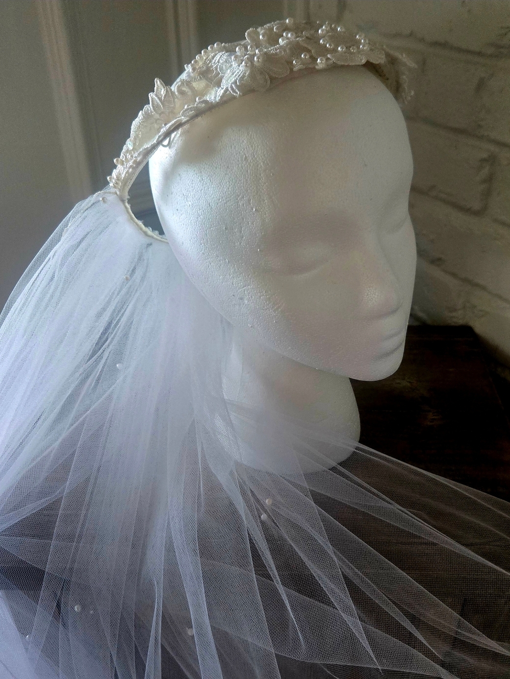 Vtg 60s 70s Pearl Studded Wedding Veil, Cathedral Length, Netted, Floral, 7/S